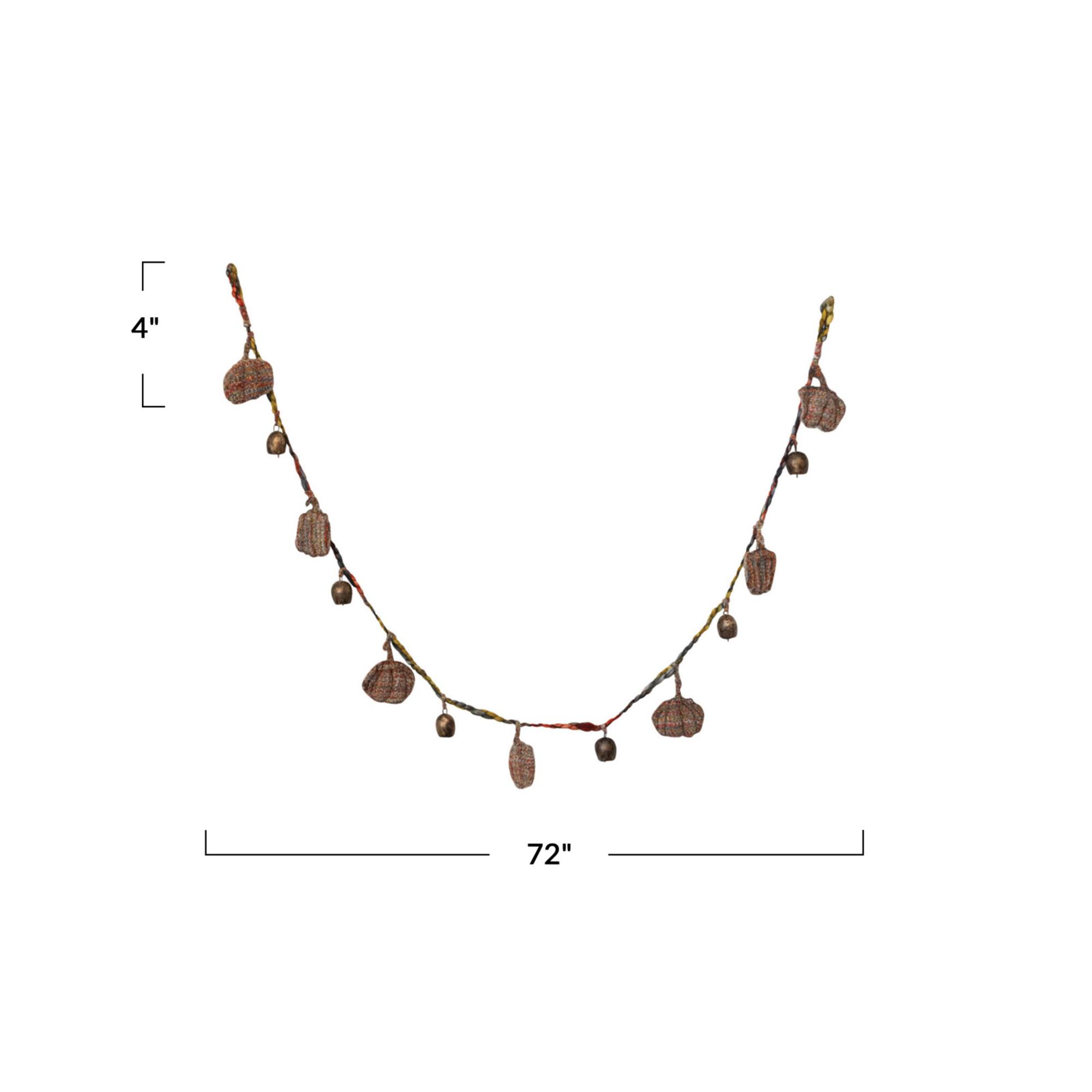 Hello Honey® 6ft. Decorative Hand-Woven Mélange Fabric Pumpkin & Metal Bell Garland